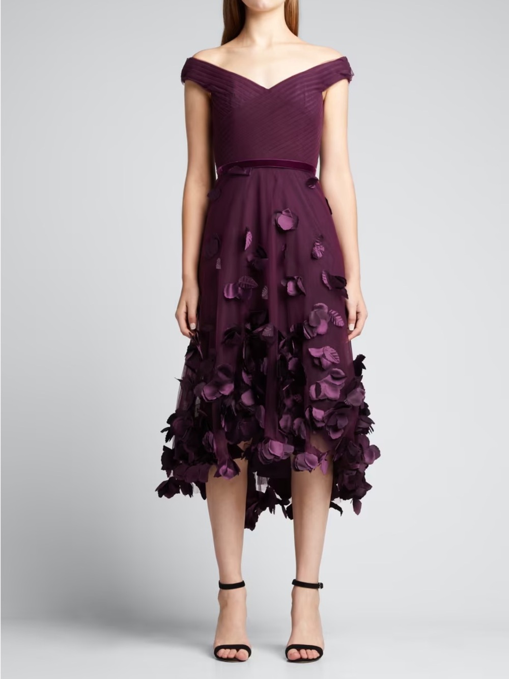 Marchesa Notte Plum Off The Shoulder 3D Floral High Low Cocktail Dress
